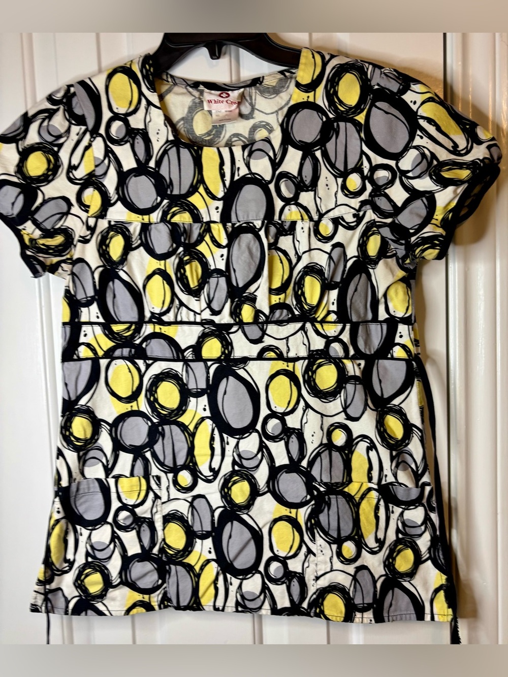 White Cross Yellow, Gray & Black Abstract Circle scrub top with pockets